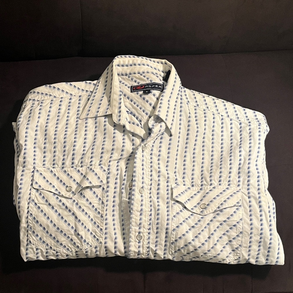 Vintage Roper Men's Cream and Blue Striped Shirt
